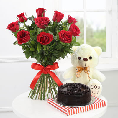 Red Rose & Chocolate Cake With Teddy